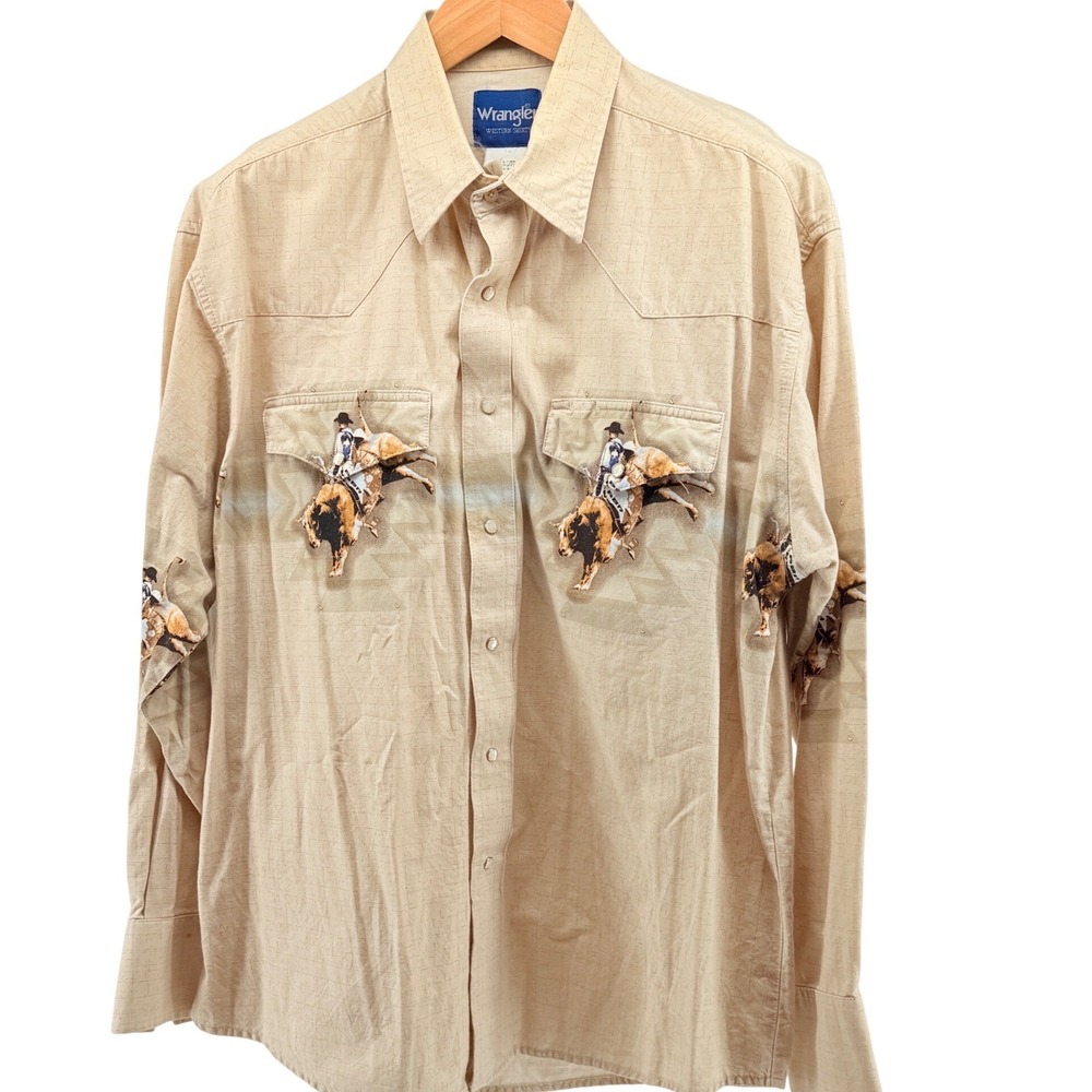 Wrangler Western Shirts Mens XL Beige‎ Rodeo Bull Rider Snap Button Long Sleeve